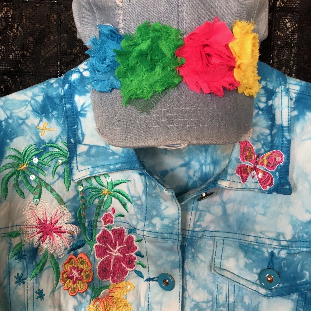 Diane Gilman - XL bleached blue and white jacket with matching cap